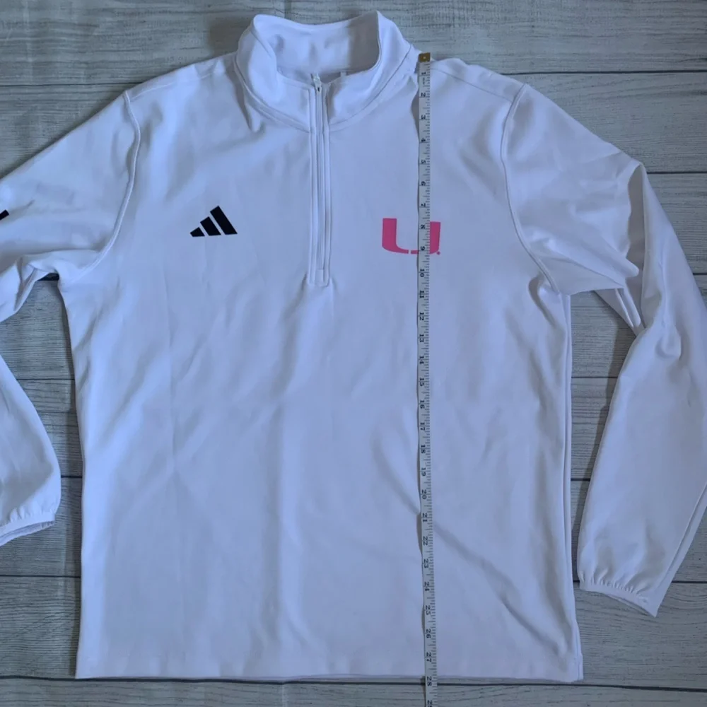 Adidas Men’s White Quarter-Zip Pullover with University of Miami “U” pink logo